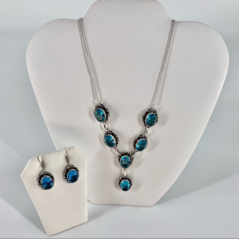 S925 Silver Blue Topaz Necklace Set